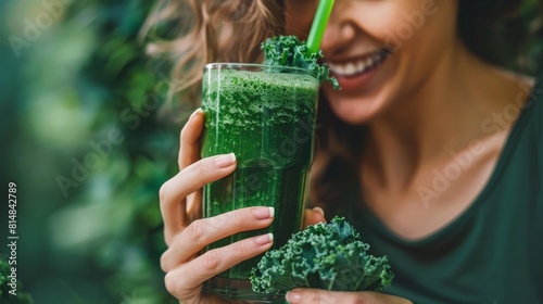 woman enjoying a refreshing green smoothie made with kale, spinach, and other leafy vegetables, promoting wellness from within.