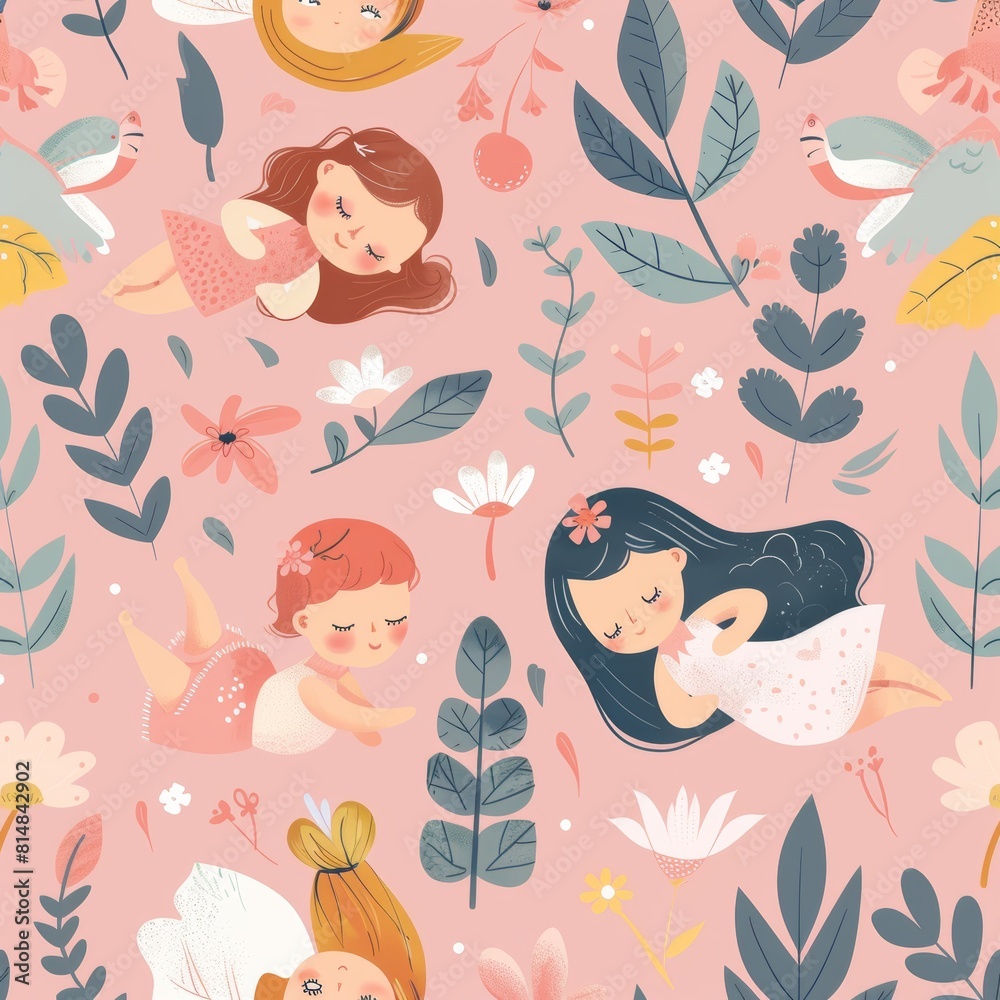 Obraz premium Artistic seamless pattern of baby princesses in slumber, surrounded by gentle nature elements like leaves and flowers, on a bio-friendly pink background