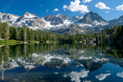 A majestic vista of snow-capped mountains mirrored in the crystal-clear waters of a serene alpine lake  surrounded by towering pine trees and rugged wilderness.