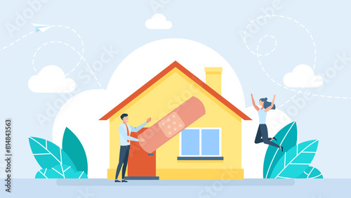 The couple put a plaster on the house. Family preservation concept. Family Repairing Home, Apartment Renovation. During repair of private houses. Exterior building renovation.  Vector illustration
