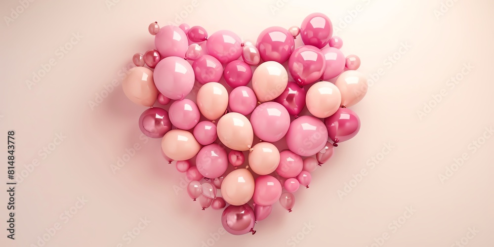 A 3D rendered love heart made of balloons in shades of pink and cream, arranged artistically with a clear area for copy