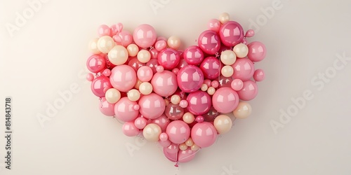 A 3D rendered love heart made of balloons in shades of pink and cream, arranged artistically with a clear area for copy