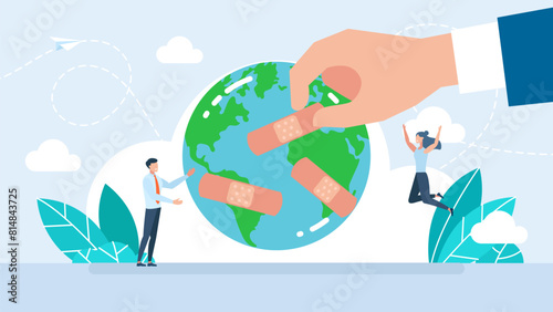 Earth planet with adhesive plaster. Tiny people heal the Earth. Band-aid and world icon. Get sick of planet with patches and bandages. Vector illustration