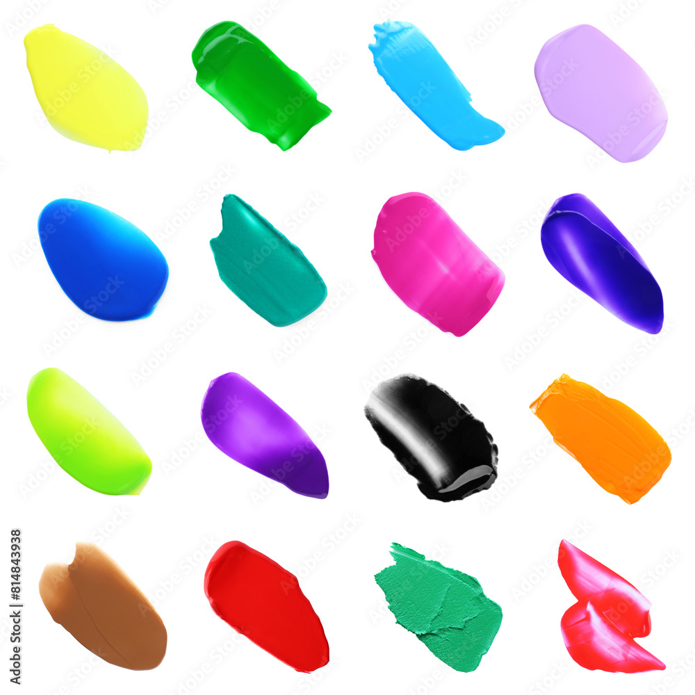 Set with paint samples of different colors isolated on white, top view Set with paint samples of different colors isolated on white, top view