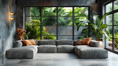 Inviting Tropical Inspired Living Room with Lush Greenery and Ample Natural Light