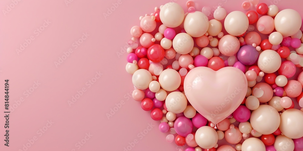 A 3D rendering of a heartshaped arrangement made of multicolored balloons, predominantly pink and cream, with ample copy space