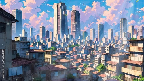 odern skyline is depicted in this looping animation, featuring tall buildings and futuristic architecture. Animated characters, styled in anime fashion, animate the city streets photo