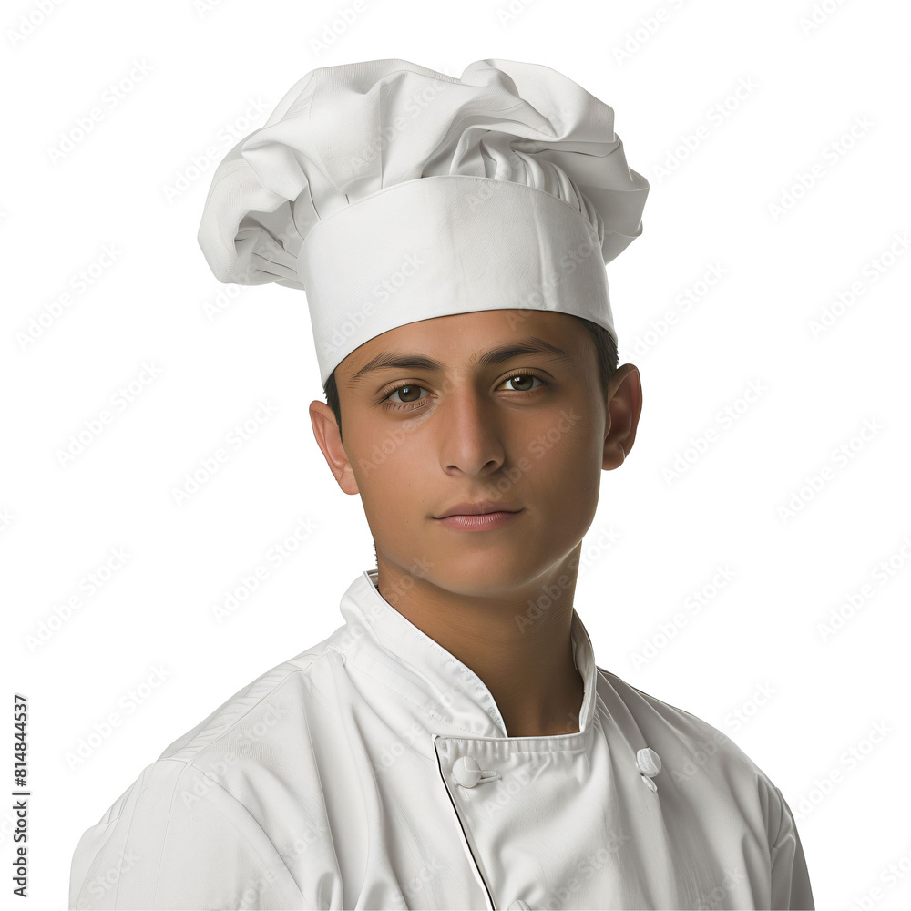 Young Hispanic man in chef uniform ready to cook, isolated on white and transparent background Young Hispanic man in chef uniform ready to cook, isolated on white and transparent background