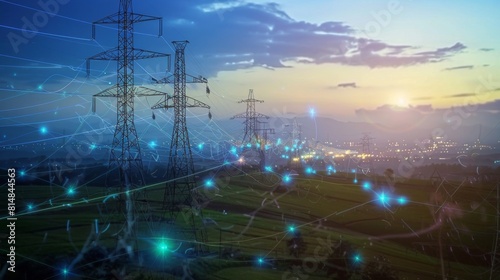 Create a visual representation of a smart grid system optimizing energy distribution and consumption in a modern city. Highlight how smart meters, IoT devices, and AI algorithms work together 