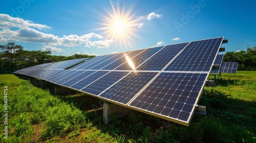 Showcase the beauty and efficiency of solar panels in capturing sunlight to produce clean electricity. Highlight the sleek design and versatility of solar arrays