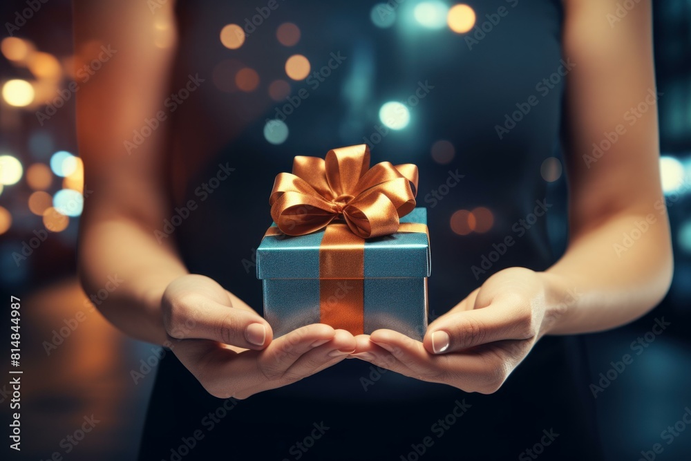 Close-up of hands presenting a gift box with a shimmering bow against a bokeh light background Close-up of hands presenting a gift box with a shimmering bow against a bokeh light background
