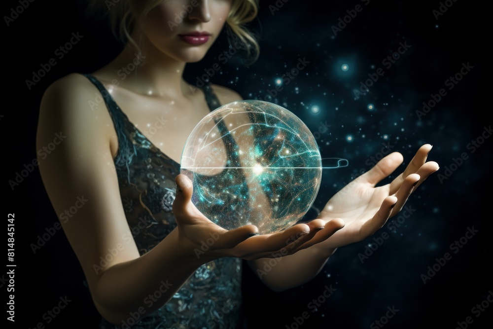 Naklejka premium An ethereal woman cradles a glowing universe orb, embodying the concept of creation and imagination
