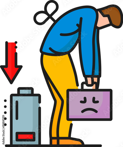 Hematology, anemia disease tiredness symptom color line icon. Cardiovascular disease diagnose, cardiology or hematology anemia symptom linear vector sign with tired man, low energy battery