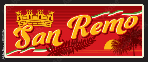 Sanreumo Italian city, San Remo town landscape. Vector travel plate, vintage tin sign, retro welcoming postcard design. Coastal city in Liguria, northwestern Italy, plaque with flag and sunset