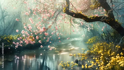 Mystical river scene with cherry blossoms overhanging and golden wildflowers photo