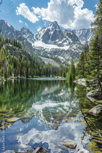 A majestic vista of snow-capped mountains mirrored in the crystal-clear waters of a serene alpine lake, surrounded by towering pine trees and rugged wilderness.
