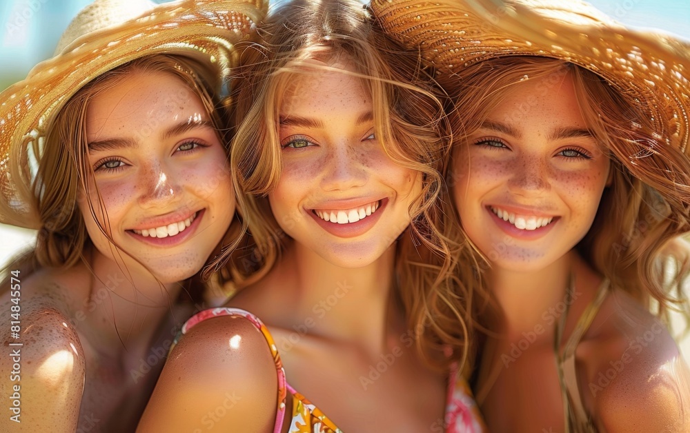 Three women wearing straw hats and smiling for the camera. Scene is cheerful and lighthearted Three women wearing straw hats and smiling for the camera. Scene is cheerful and lighthearted