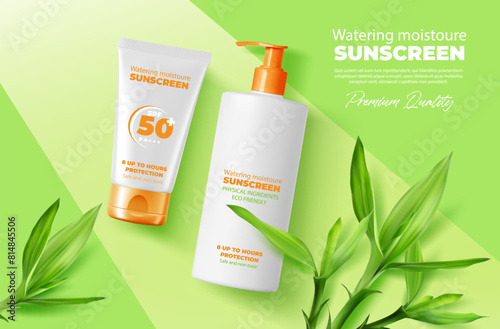 Bamboo leaves and sunscreen cream top view mockup. Two vector 3d sun screen products, a tube and a bottle in orange and white colors with Green leaves around, eco-friendly watering moisture for summer