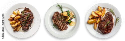 set of grilled beef steak and potatoes on plate isolated on transparent  background top view