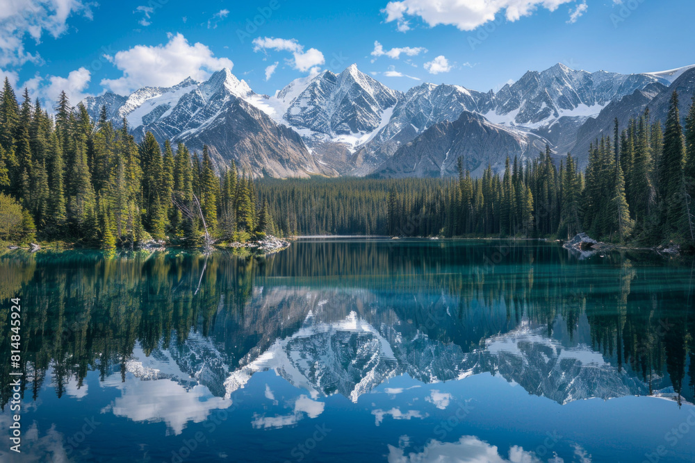 Fototapeta premium A majestic vista of snow-capped mountains mirrored in the crystal-clear waters of a serene alpine lake, surrounded by towering pine trees and rugged wilderness.