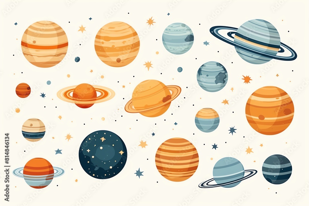 A collection of watercolor illustrations of planets and stars
