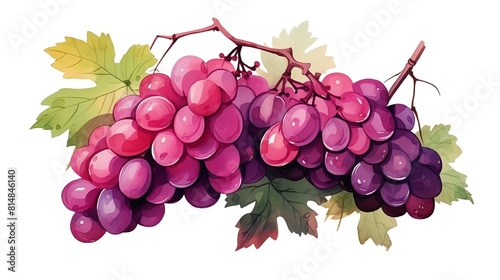 A watercolor painting of a bunch of purple grapes with green leaves. photo