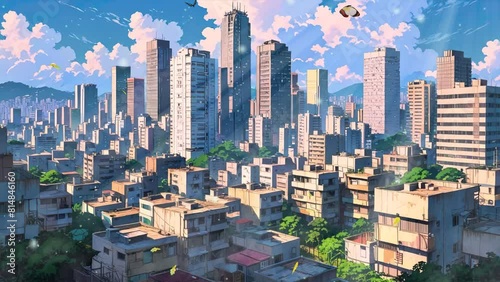 landmarks like the Empire State Building and One World Trade Center. Animated characters, reminiscent of anime style, populate the bustling streets below, adding a touch of whimsy to the urban landsca