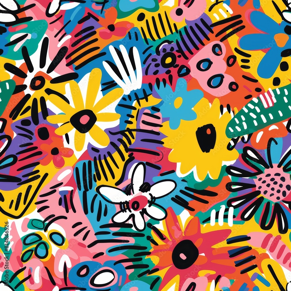Bold and colorful hand-drawn pattern of flowers mixed with abstract shapes, ideal for vibrant eco-friendly wrapping paper Bold and colorful hand-drawn pattern of flowers mixed with abstract shapes, ideal for vibrant eco-friendly wrapping paper