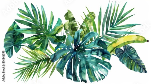 Botanical watercolor drawing of a cluster of jungle leaves including Monstera  banana  and palm  vivid and isolated on white