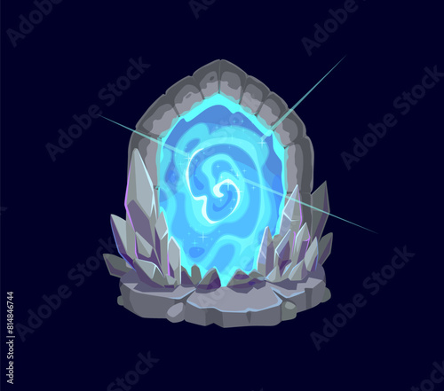 Fantasy fairytale game magic portal door. Magical archway enclosed by jagged crystal formations, emitting a radiant blue glow. Cartoon gui vector gateway to an unknown realm, swirling vortex doorway