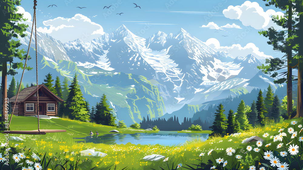 Serene Alpine Meadow Hot Springs: Panoramic Mountain Views in a Peaceful Nature Retreat   Flat Design Backdrop Concept