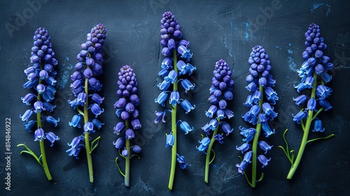  A group of purple flowers sits on a black surface with water droplets on top