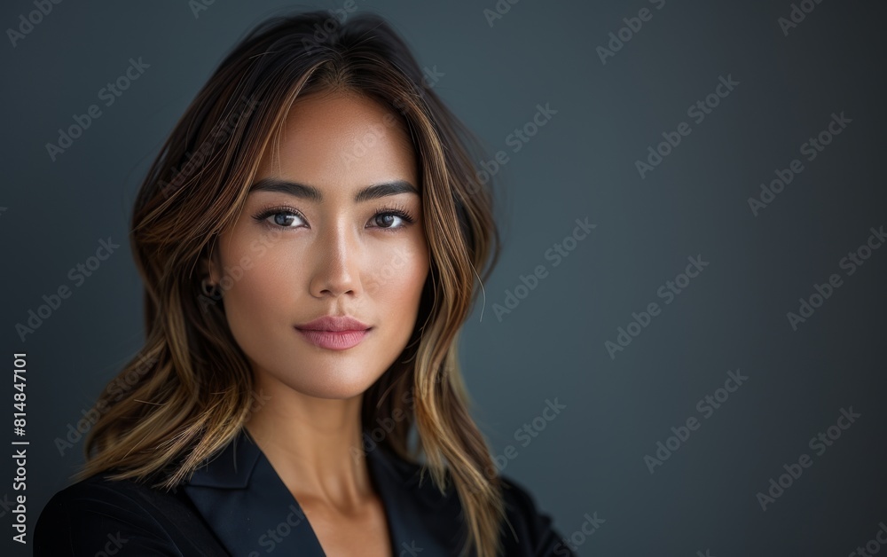 A woman with long brown hair and a black jacket. She is smiling and looking directly at the camera A woman with long brown hair and a black jacket. She is smiling and looking directly at the camera