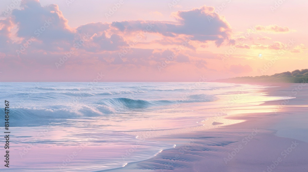 A calm picture of a deserted beach at dusk, with pastel hues dominating the sky and gentle waves caressing the shore.