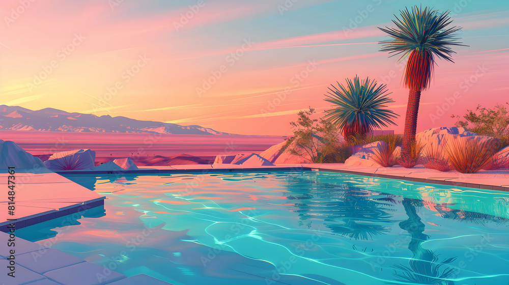 Amidst the arid desert mirage: Hot springs concept as a surreal oasis with relief and spectacular views. Flat design backdrop illustration.