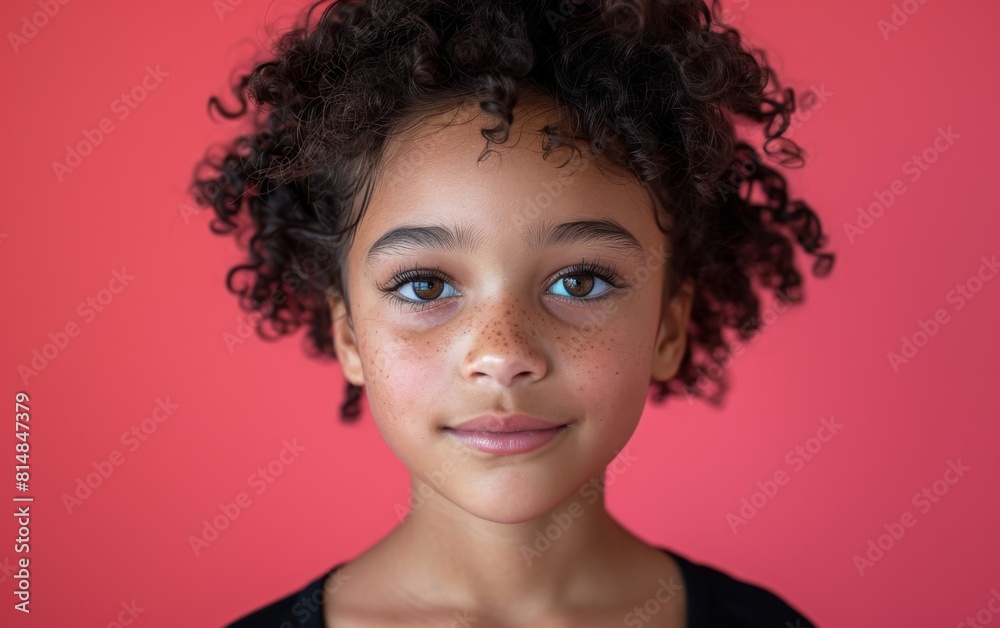 A young girl with curly hair and a blue eye stares at the camera. She has a slight smile on her face A young girl with curly hair and a blue eye stares at the camera. She has a slight smile on her face