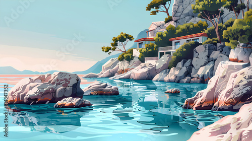 Tranquil Coastal Hot Springs Retreat: Serene Fusion of Oceanic Bliss and Geothermal Wonders in Flat Design Backdrop Stock Illustration