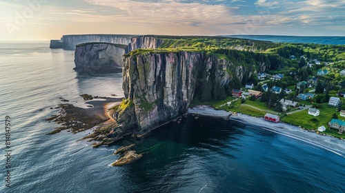 Aerial view of the Gasp? Peninsula in Quebec, Canada, where dramatic cliffs meet the Gulf of Saint Lawrence, featuring d photo