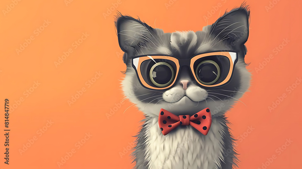 character design of a cat wearing glasses and a bow tie