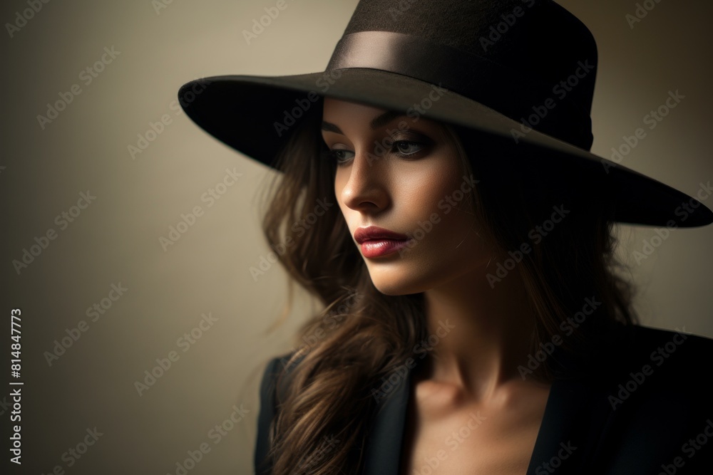 Portrait of a sophisticated lady wearing a stylish wide-brimmed hat, exuding mystery and charm Portrait of a sophisticated lady wearing a stylish wide-brimmed hat, exuding mystery and charm