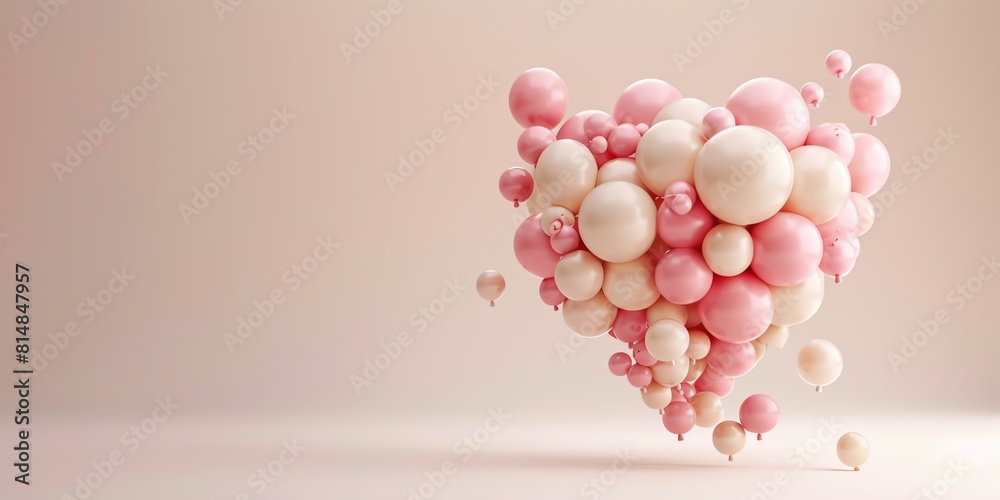 A festive 3D representation of a heart made from pink and cream balloons, floating against a simple backdrop with room for text A festive 3D representation of a heart made from pink and cream balloons, floating against a simple backdrop with room for text