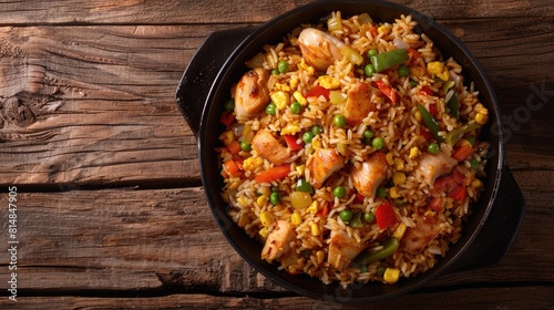 fried rice with chicken and vegetables sizzling in a pan atop a rustic wooden background, viewed from above, arranged neatly to leave ample space for text.
