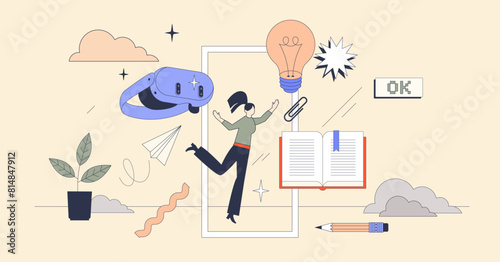 Gateway to virtual learning or accessibility tiny person neubrutalism concept. School, university or remote course studying using AR or VR technology vector illustration. Digital education access.