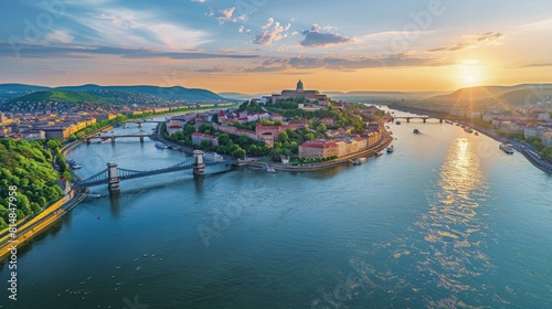 Aerial view of the Danube River flowing through Budapest, Hungary, with the historic Buda Castle and Chain Bridge visible