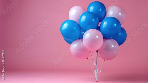   A pink background with a white stick protruding from a cluster of blue and pink balloons