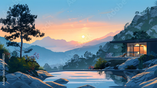 Secluded Hot Springs Highland Hideaway: Tranquil Escape with Panoramic Views Flat Design Backdrop Illustration