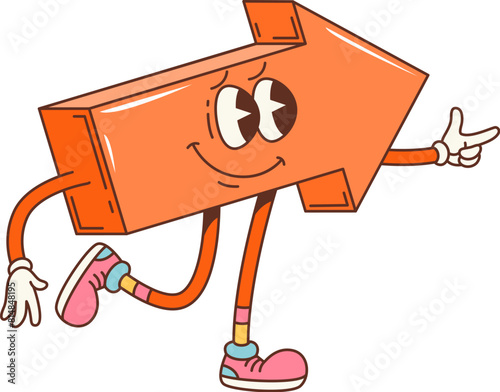 Cartoon groovy math geometric arrow figure. Isolated vector quirky character with expressive eyes and playful grin, embodying mathematics concepts. Funky road pointer personage showing right direction