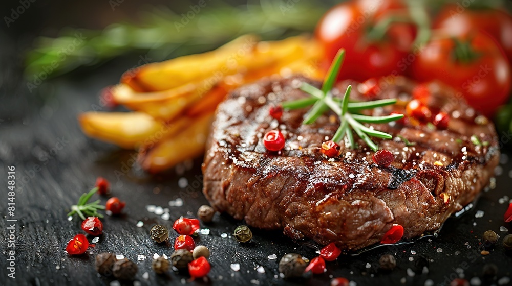 A steak with a sprig of rosemary on top sits beside a mound of French fries and ripe tomatoes A steak with a sprig of rosemary on top sits beside a mound of French fries and ripe tomatoes