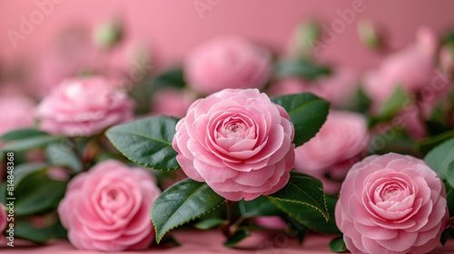   A cluster of pink roses surrounded by green foliage on a pink backdrop  with a pink wall visible in the foreground and background