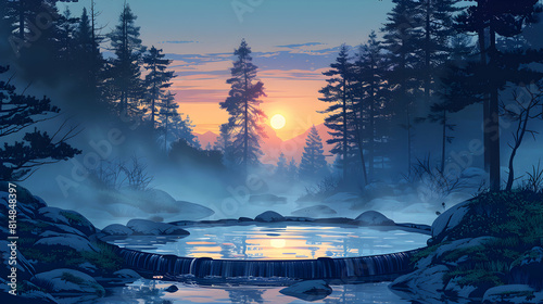 Misty Hot Springs Morning: A serene hot spring emitting mist in the early morning light, nestled in a tranquil forest setting Flat design backdrop concept | Adobe Stock